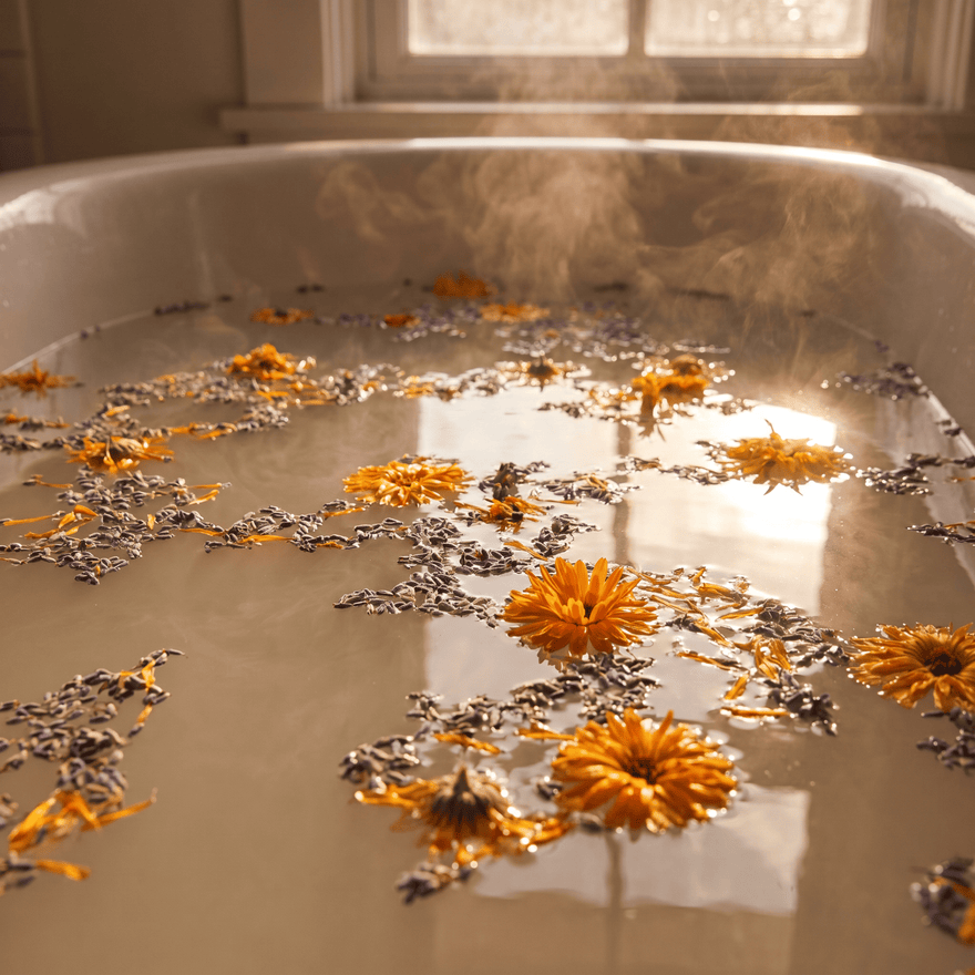 Warm bath water with floating lavender and calendula petals and soft steam