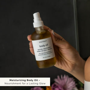 Applying Monsuri Moisturizing Body Oil post-bath for nourishing skin benefits.
