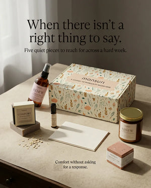 When there isn't a right thing to say - five quiet pieces to reach for across a hard week, laid out on a table with a blank card: comfort without asking for a response
