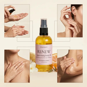 Where to apply RENEW jasmine body oil — warmed between the palms and smoothed onto wrists, neck, decolletage and arms as a floral pulse-point ritual.