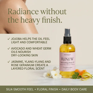 RENEW jasmine body oil benefits: jojoba keeps the oil light and comfortable, avocado and wheat germ oils nourish dry-looking skin, and jasmine, ylang-ylang and rose geranium create a layered floral scent.