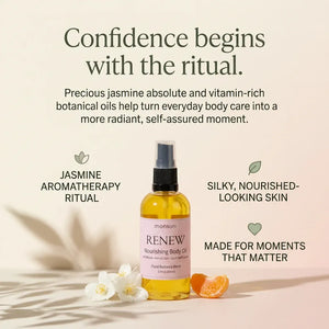 Monsuri RENEW jasmine nourishing body oil — precious jasmine absolute and vitamin-rich botanical oils turn everyday body care into a more radiant, confidence-boosting ritual.