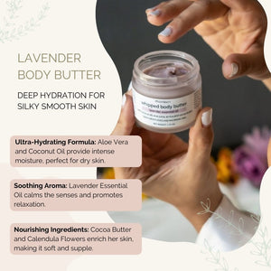 Hydrating Lavender Body Butter from Monsuri's 'Just for Mom' Wellness Set, perfect for dry skin.