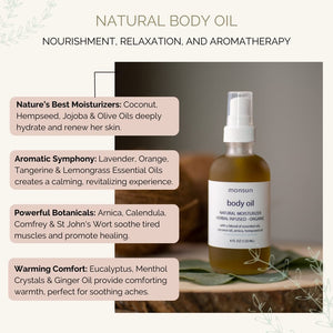 Nourishing Body Oil for Soothing Muscles from Monsuri's 'Just for Mom' Wellness Set, enriched with essential fatty acids and vitamins.