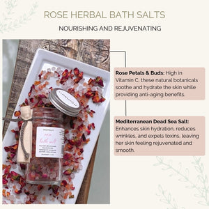 Rose Bath Salt from Monsuri's 'Just for Mom' Wellness Set. Luxurious bath accessories for a relaxing bath.