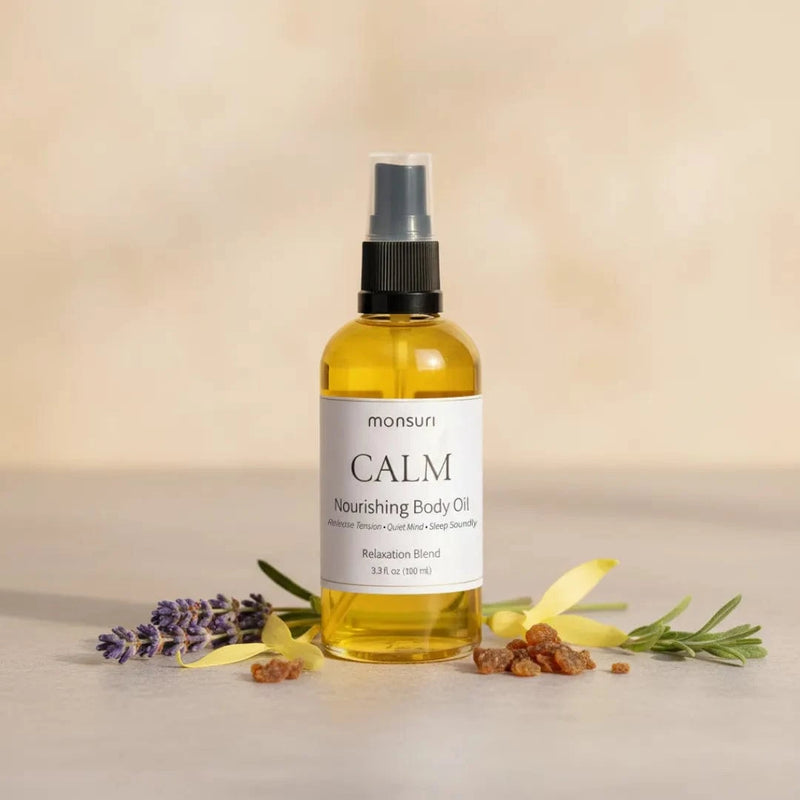Moisturizing French lavender body oil bottle with natural aromatherapy ingredients for evening relaxation