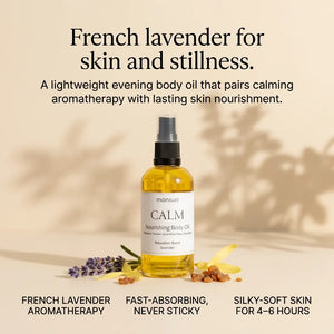 Monsuri CALM lavender nourishing body oil — a lightweight evening body oil that pairs calming French lavender aromatherapy with lasting skin nourishment.
