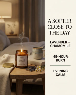 Monsuri CALM lavender chamomile candle lit on a bedside table at night beside a mug, captioned 'a softer close to the day' with lavender chamomile, 45-hour burn, and evening calm callouts.