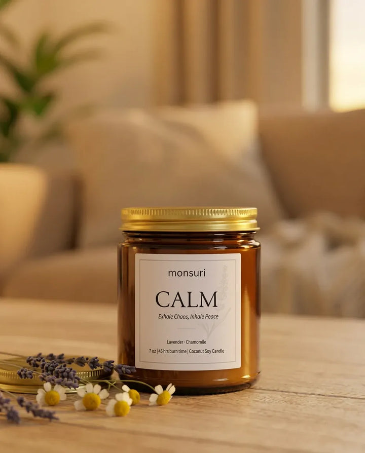 Monsuri CALM lavender chamomile candle burning on a bedside table at night beside a lamp, a folded blanket, and a stack of books.