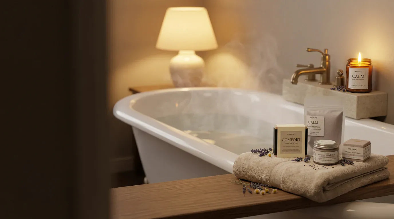 Seen from the doorway: a bath drawn and steaming under lamplight, the CALM candle lit on the surround, and the lavender gift set waiting on a folded towel across the bath ledge.