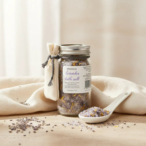 Jar of Relaxing Lavender Bath Salts for an At Home Spa Bath.