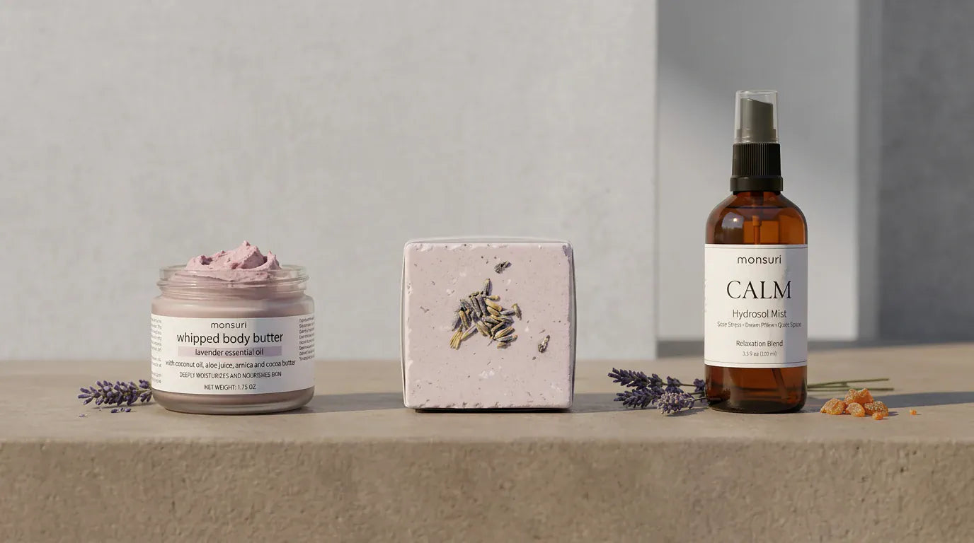 The three pieces of the Evening Wind Down lavender gift set along a stone ledge: the lavender whipped body butter, the tranquil lavender bath bomb and the Calm Lavender Hydrosol Mist, with sprigs of dried lavender.