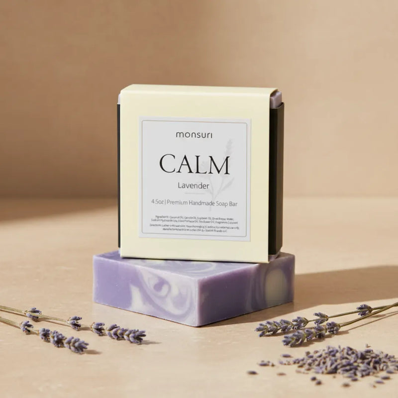 Calm Lavender Soap natural handmade bar for bedtime relaxation on white background
