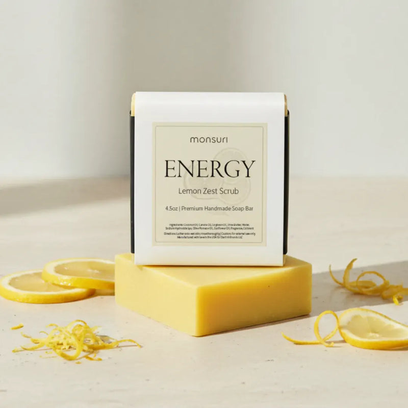 Energy Lemon Zest Scrub Soap natural exfoliating bar with sea salt on white background