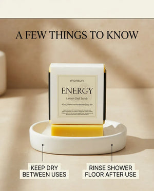 Care tips for the Lemon Zest Scrub soap bar: keep dry and rinse the shower floor after use