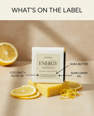 What's in the Lemon Zest Scrub soap bar: coconut, olive oil, shea butter and sunflower oil
