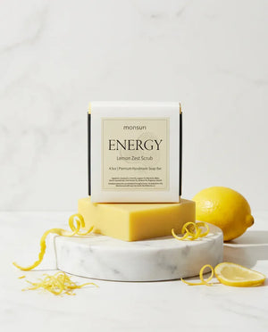 Lemon Zest Scrub soap bar with fresh lemon and zest on marble — natural exfoliating soap bar