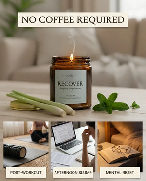 Monsuri RECOVER candle infographic reading 'Recharge without the jitters' with the lemongrass mint candle lit next to a glass of water.