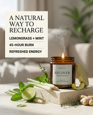 Monsuri RECOVER candle infographic listing lemongrass and mint, 45-hour burn, and refreshed energy, styled with lime, ginger, and fresh mint.
