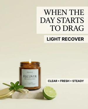Monsuri RECOVER candle infographic reading 'When the day starts to drag, light Recover' with the lemongrass mint candle lit beside a fresh-cut lime.