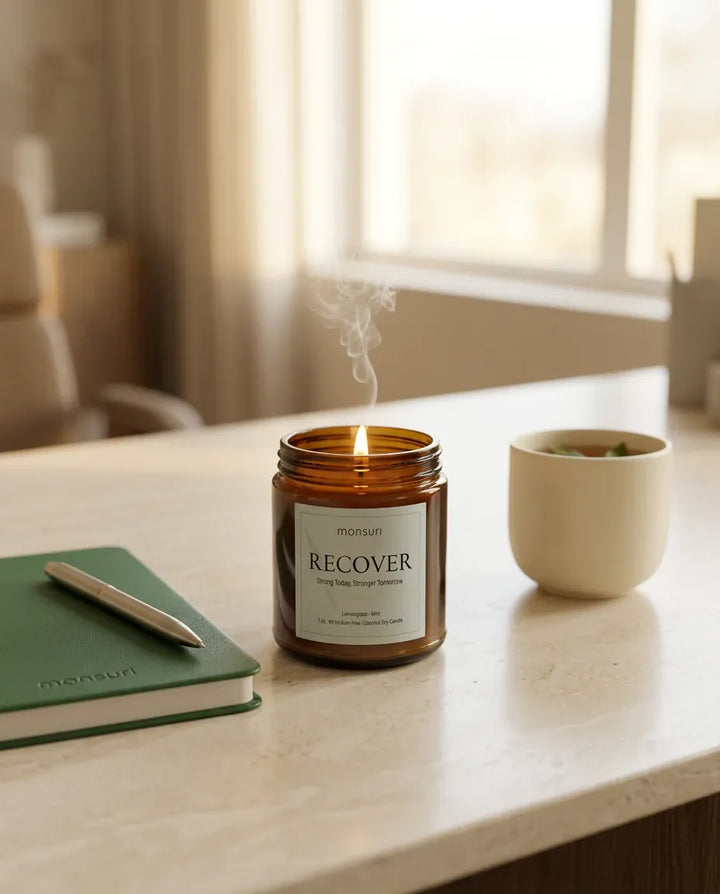 Monsuri RECOVER lemongrass mint candle lit on a light wood desk next to a green notebook, pen, and a cup of tea, with smoke curling above the flame.