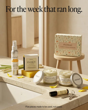 For the week that ran long - five pieces made to be used, not saved, arranged on a stone bathroom ledge with the botanical gift box behind