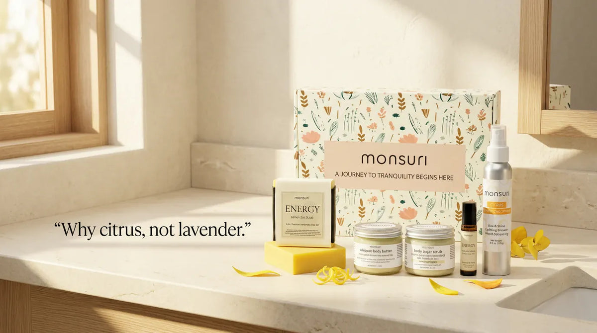 Why citrus, not lavender - the Little Box of Sunshine set on a sunlit bathroom counter with the botanical gift box and lemon peel