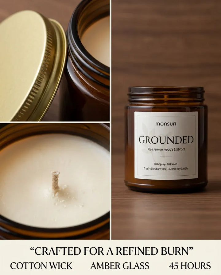 Monsuri GROUNDED candle craftsmanship graphic 'Crafted for a Refined Burn' with close-ups of the cotton wick and wax pool, amber glass, and 45-hour burn callouts