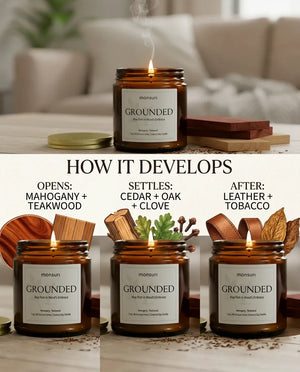 Monsuri GROUNDED candle graphic 'How It Develops' — three jars showing the scent open with mahogany and teakwood, settle into cedar and oak, then finish in leather and tobacco