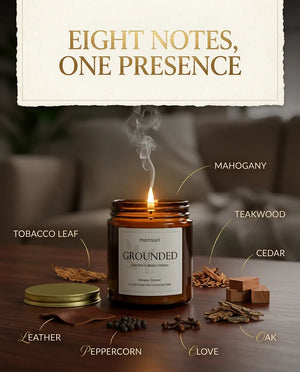 Monsuri GROUNDED candle scent note graphic labeling mahogany, teakwood, cedar, oak, clove, peppercorn, leather, and tobacco leaf around the lit candle