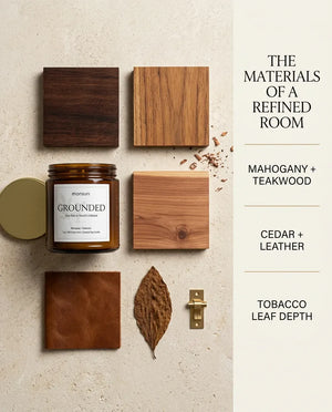 Flat lay of Monsuri GROUNDED candle materials — mahogany and teakwood blocks, cedar, a leather swatch, and a tobacco leaf — around the amber glass jar