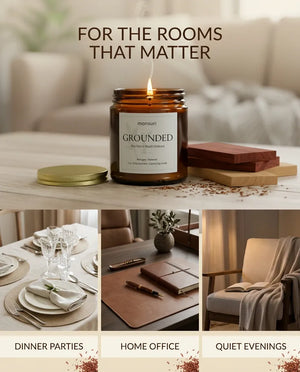 Monsuri GROUNDED candle occasions graphic 'For the Rooms That Matter' with photos for dinner parties, home office, and quiet evenings