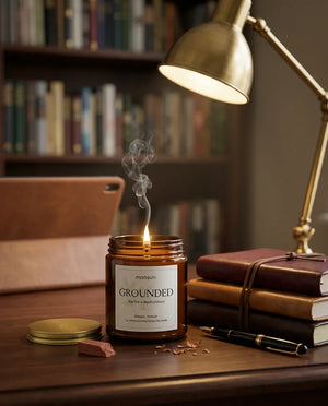 Monsuri GROUNDED mahogany teakwood candle lit on a wood desk beside a brass banker's lamp, leather-bound books, and a fountain pen in a quiet home library