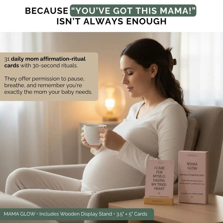Back of a Mama Glow affirmation card showing the 30-second ritual instructions