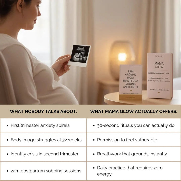 Mama Glow affirmation cards fanned out to show the four theme categories