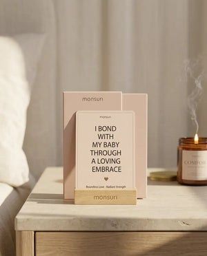 A Mama Glow card reading I BOND WITH MY BABY THROUGH A LOVING EMBRACE standing in its wooden stand on a bedside table, with the COMFORT candle lit behind it