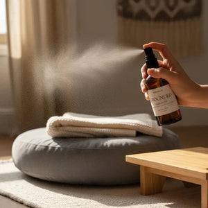 Frankincense meditation spray being used in meditation room for sacred space aromatherapy and contemplative practice