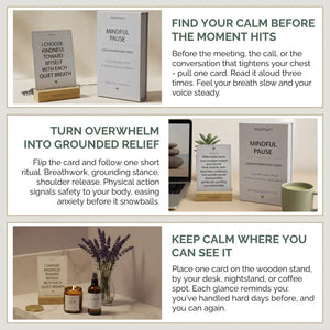 Three-step ritual guide showing how to use anxiety affirmation cards for grounding, breathwork, and calm focus with wooden stand and lavender props.