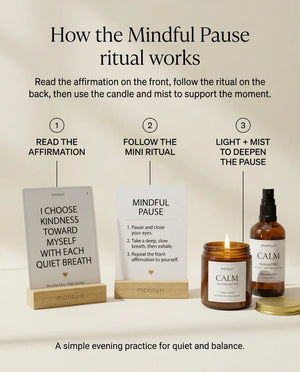 How the Mindful Pause ritual works - read the affirmation on the front, follow the mini ritual on the back, then use the candle and mist to deepen the moment
