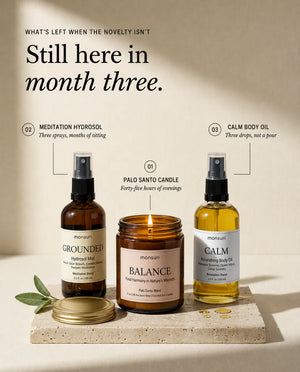 Still here in month three — the hydrosol is three sprays and months of sitting, the palo santo candle is forty-five hours of evenings, and the CALM body oil is three drops rather than a pour.