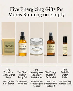 Five energizing gifts for moms running on empty, shown side by side: the turmeric-honey-citrus RECOVER soap that won't get lost in the shower, the citrus vitality body oil that soaks in fast, the lemongrass-rosemary body butter with rosemary for focus, the energy hydrosol facial mist that layers over skincare, and the portable energy roller that stays in her bag.