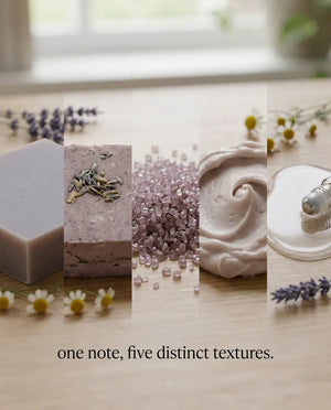 One note, five distinct textures, shown close up: the pressed soap bar, the crumbling bath bomb, the coarse mineral bath soak, the whipped body butter and the poured candle wax.