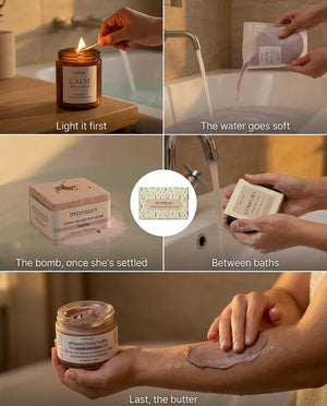 The lavender evening in five moments: light the candle first, the water goes soft with the bath soak, the bath bomb once she has settled, the soap between baths, and last the whipped body butter on warm skin.