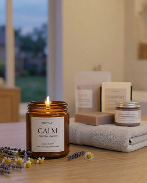 The CALM lavender chamomile candle burning on a wooden counter at dusk, with the lavender bath soak, the oatmeal milk and honey soap, the whipped body butter and a folded towel behind it, garden doors beyond.