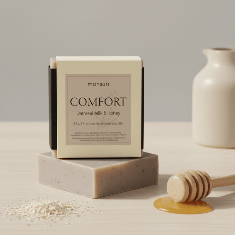 Comfort Oatmeal Milk Honey Soap natural handmade bar for sensitive skin on white background