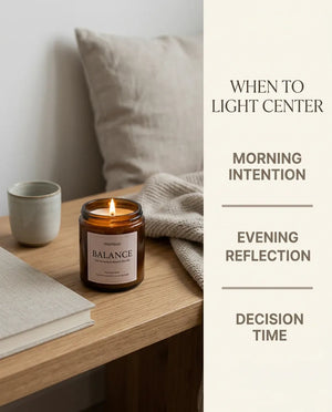 Monsuri BALANCE candle on a wooden shelf beside a mug and journal, labeled for morning intention, evening reflection and decision-time rituals.