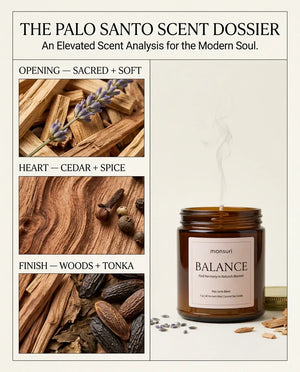 Scent notes breakdown of the Monsuri BALANCE palo santo candle: sacred palo santo and lavender opening, cedar and spice heart, woods and tonka finish.