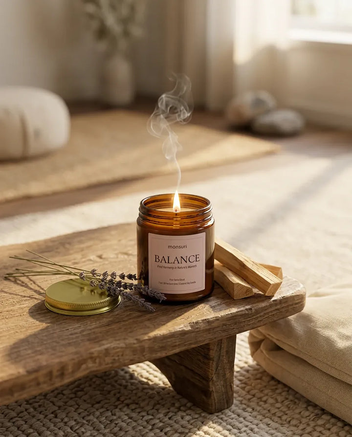 Monsuri BALANCE palo santo candle burning on a wood bench beside a folded meditation cushion and jute rug in a sunlit room.