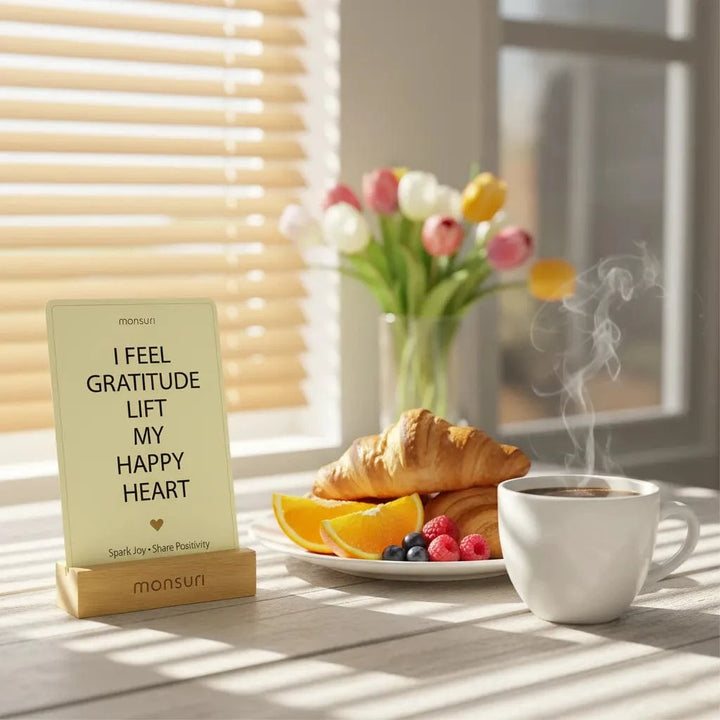 Positive Vibes affirmation cards fanned out to show the four theme categories