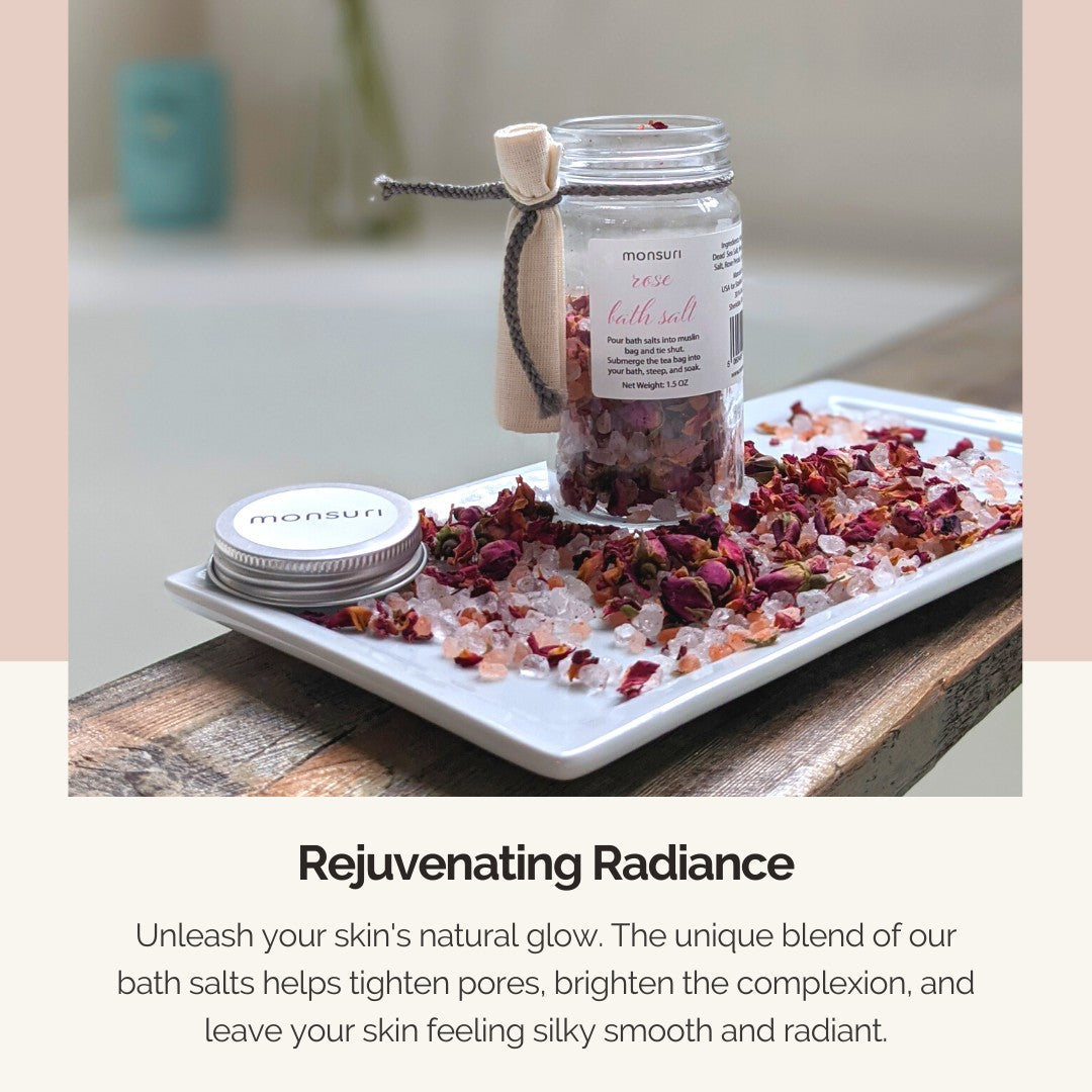 Jar of Monsuri Rose Bath Salts Next to Fresh Rose Petals - Ultimate Relaxation